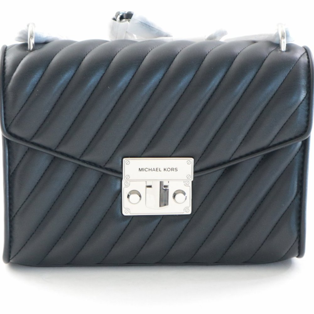 Michael Kors Rose Medium Vegan Faux Leather Flap Crossbody Bag Black/Silver